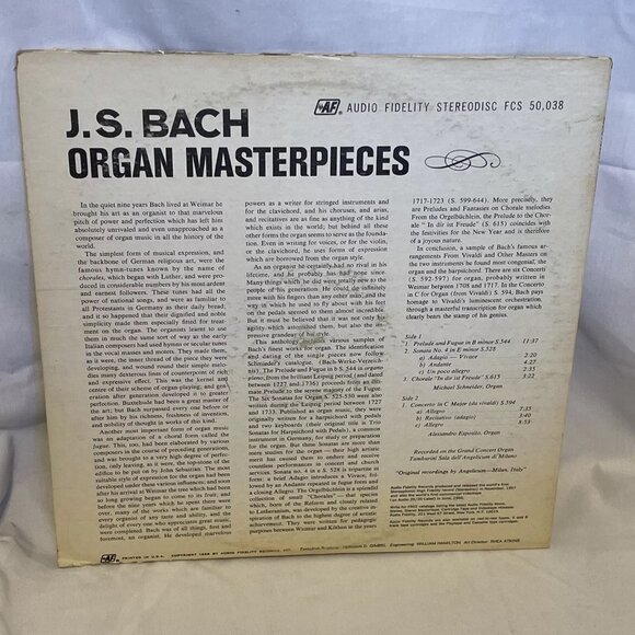 J. S. Bach Organ Masterpieces (Vinyl, 1968) Audio Fidelity FCS 50,038 VG LP - Picture 3 of 10